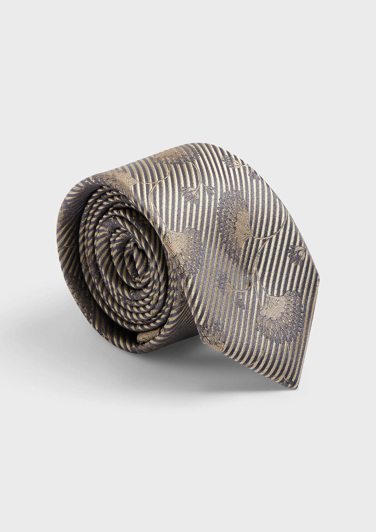 Cravate large en soie mélangée bleu marine à motif fleuri taupe