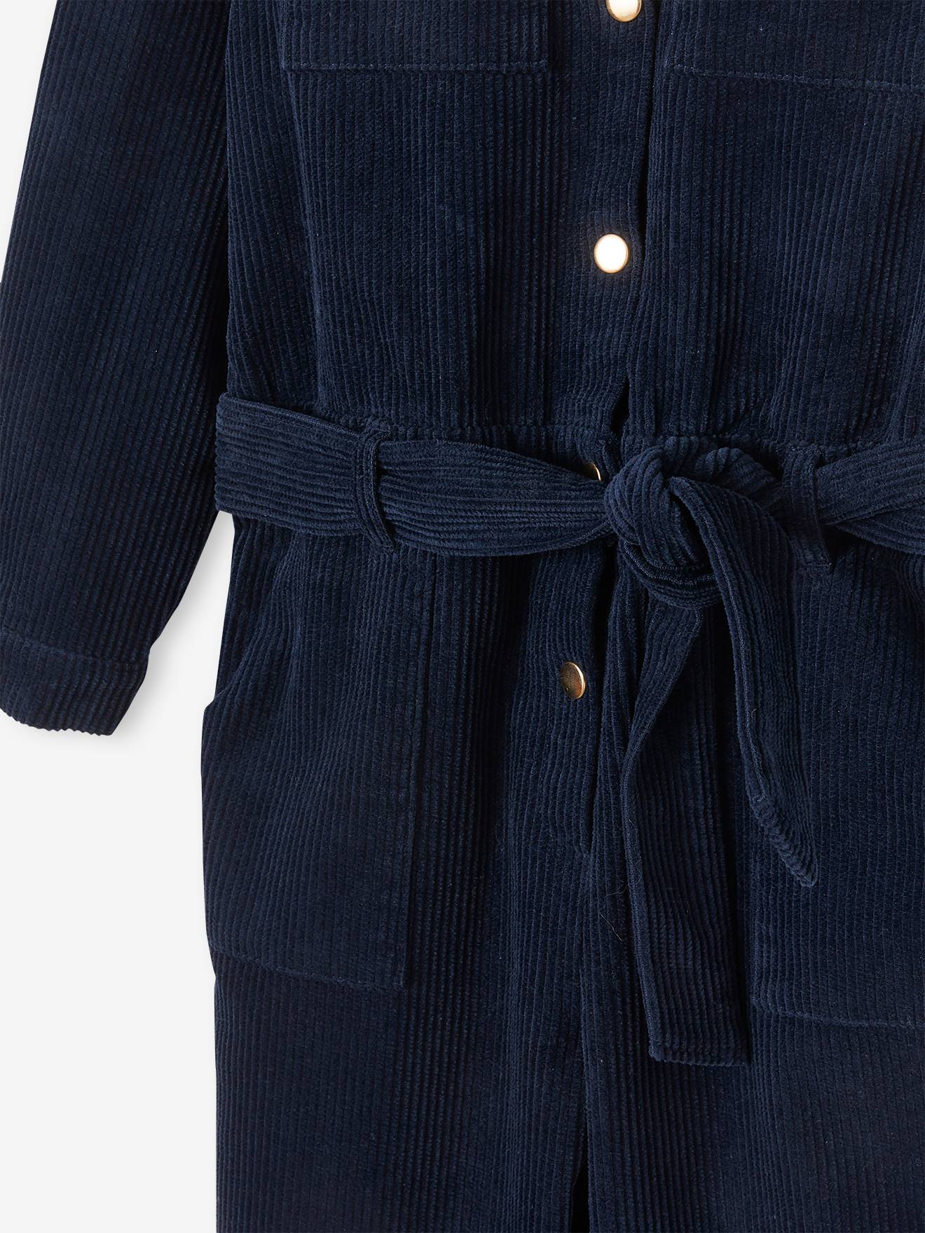 Macacão de veludo cotelê, modelo liso azul escuro para menina.