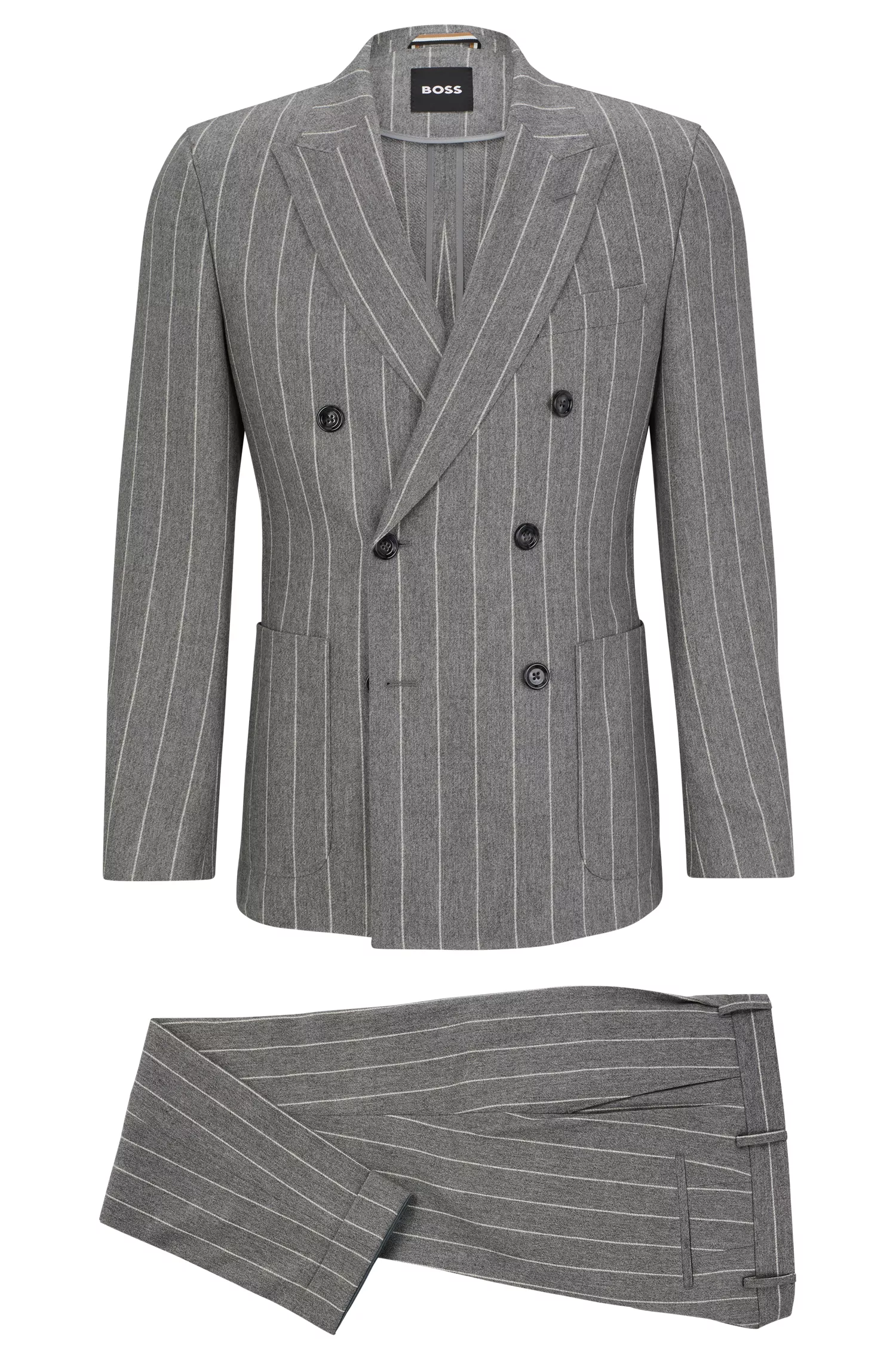 Terno BOSS preto de corte slim, em lã listrada e cashmere.