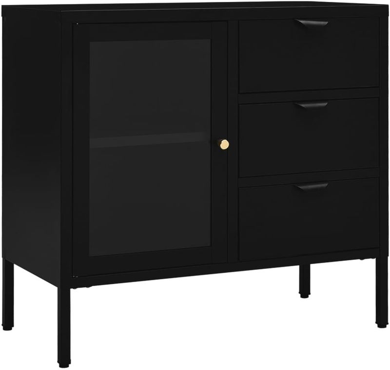 vidaXL - Dressoir - Zwart - Staal en Gehard Glas - 1 Verstelbaar Schap en 3 Lades