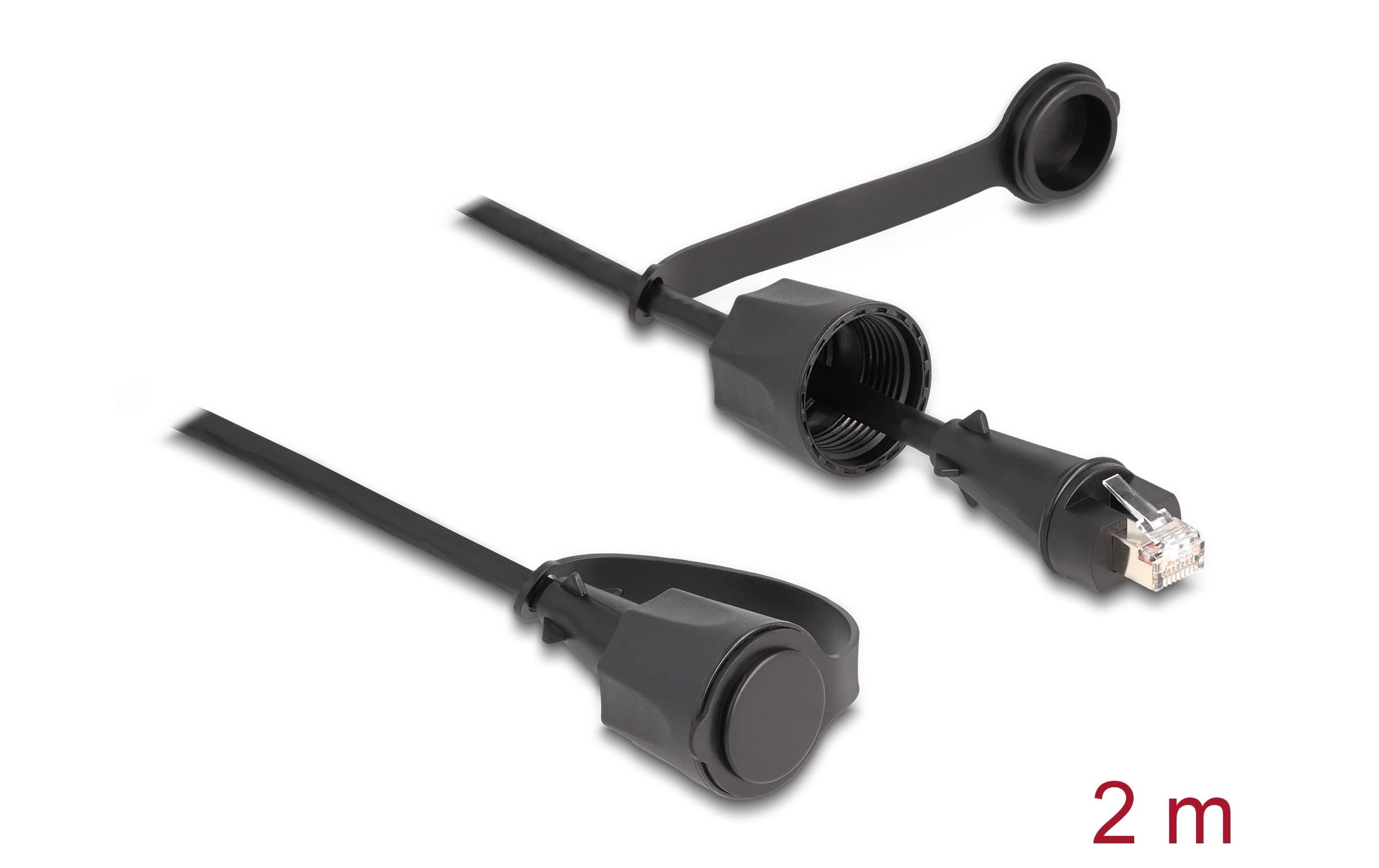 Patchkabel mit Verschlusskappe Cat 6, STP, 2 m, SchwarzDelock Netzwerkkabel RJ45 Stecker zu RJ45 Stecker Cat.6 STP mit Verschlusskappe Outdoor IP68 staub- und wasserdicht schwarz 2 m