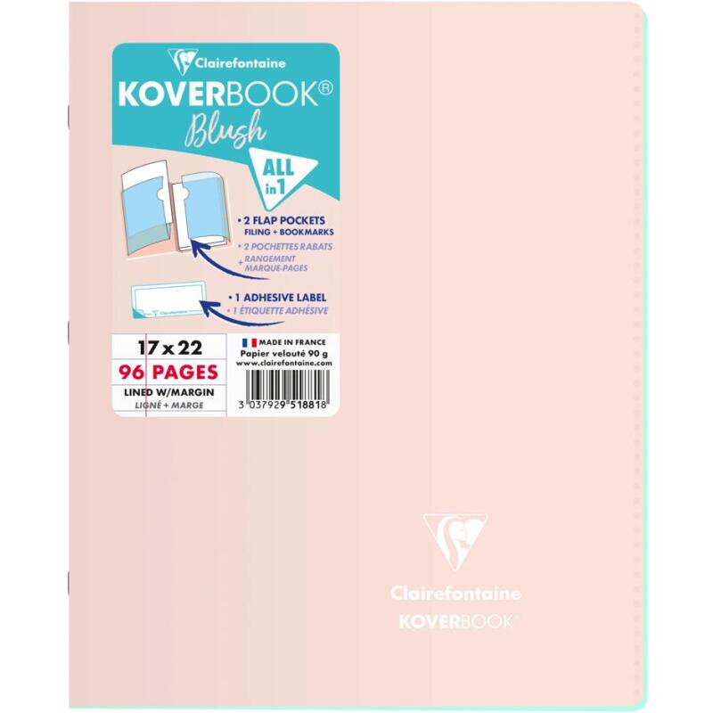 Cahier piqué Koverbook Blush 17x22cm 96 pages ligné + marge couverture polypropylène opaque Couleur aléatoire - Assortis