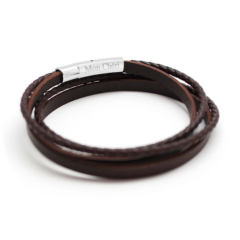 Bracelet cuir le mix marron homme - gravure MON CHERI