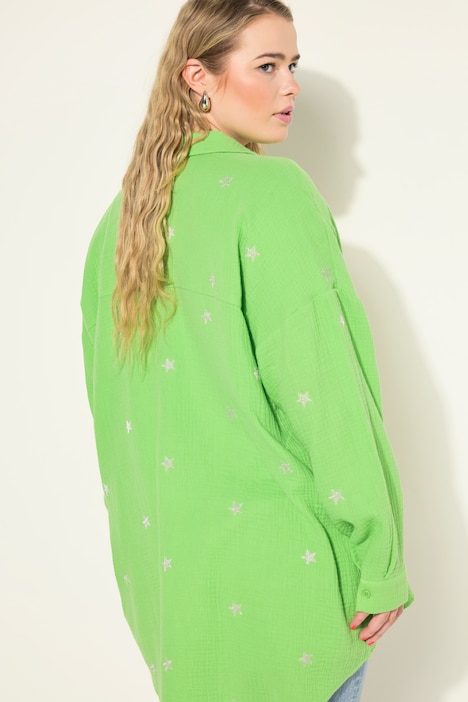Hemdbluse, oversized, Musselin, Hemdkragen, Langarm, Stickerei
