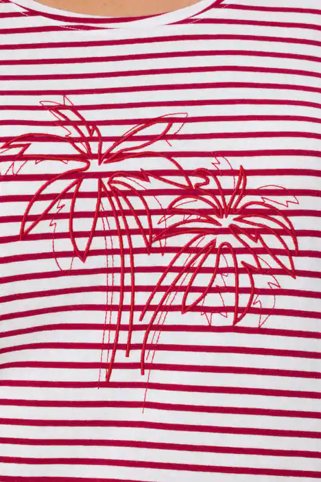 T-Shirt, Ringel, Palmenstickerei, Rundhals, Halbarm, dunkle himbeere
