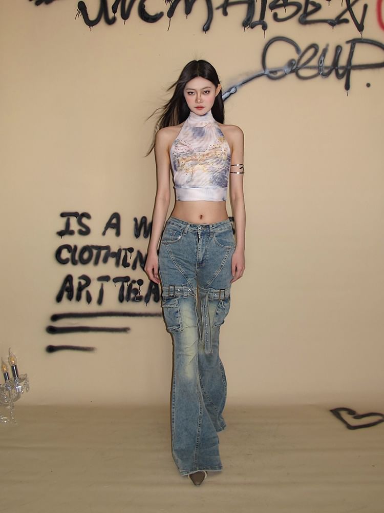 SPUCIKLEI - Mouwloze nep-hals tie-dye crop top met distressed effect