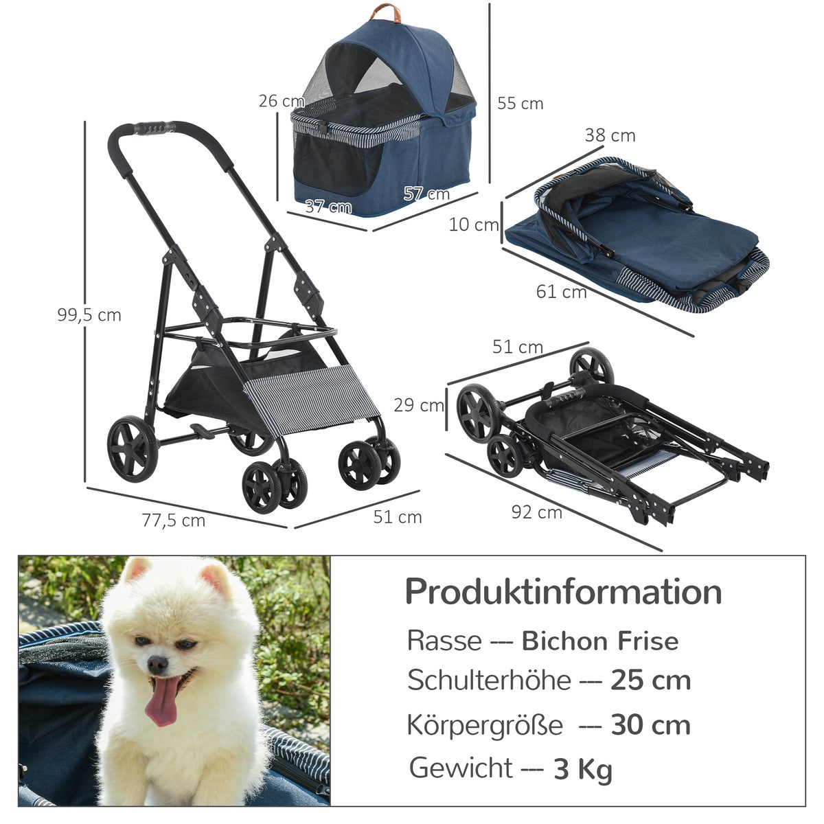 PawHut hondenbuggy, 77,5L x 51B x 99,5H cm, staal, Oxford-stof, donkerblauw