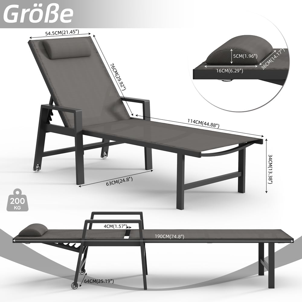 Melko Aluminium Sonnenliege wetterfest mit Rollen, 5-Fach verstellbare Rückenlehne, klappbare Gartenliege inkl. Kopfkissen (200 kg belastbar) Liegestuhl