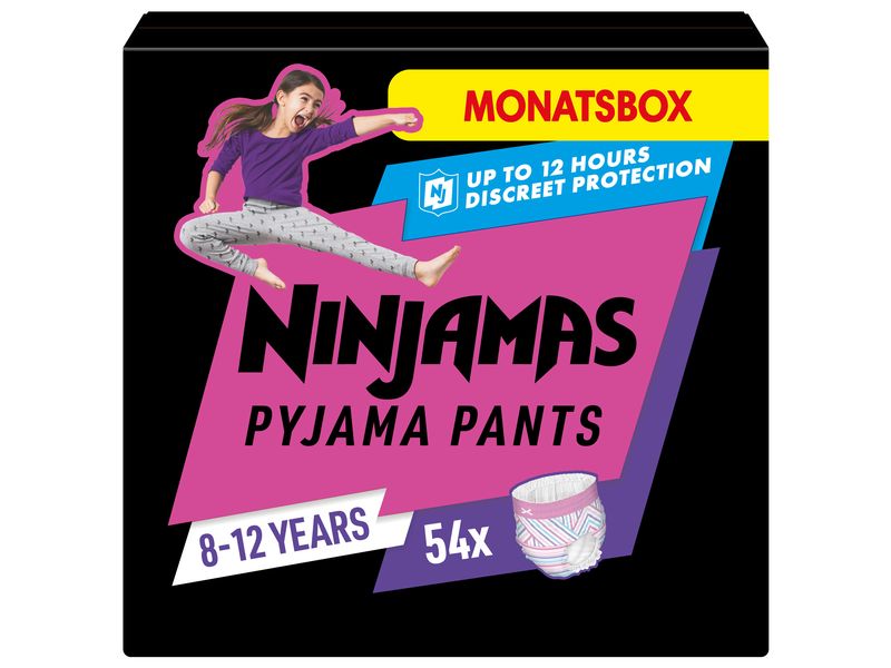 Pampers Nachtwindeln Ninjamas Mädchen 8-12 Jahre, 54 Stk. Monatsbox – Auslaufschutz für die ganze Nacht