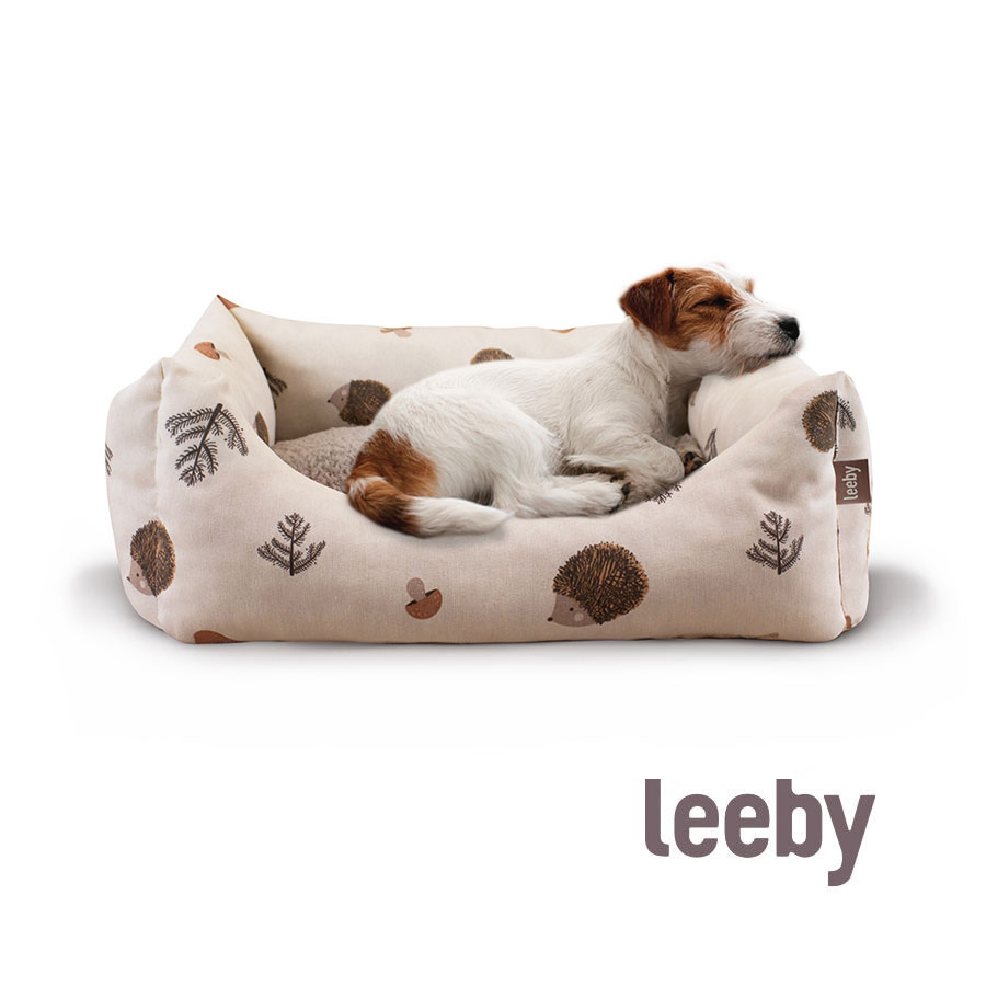 Cama para cães Leeby com capa removível, branca e com ouriços.