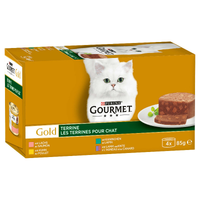 Gourmet Gold Terrine mit Kaninchen, Lamm&Ente, Huhn & Lachs 12x4x85g