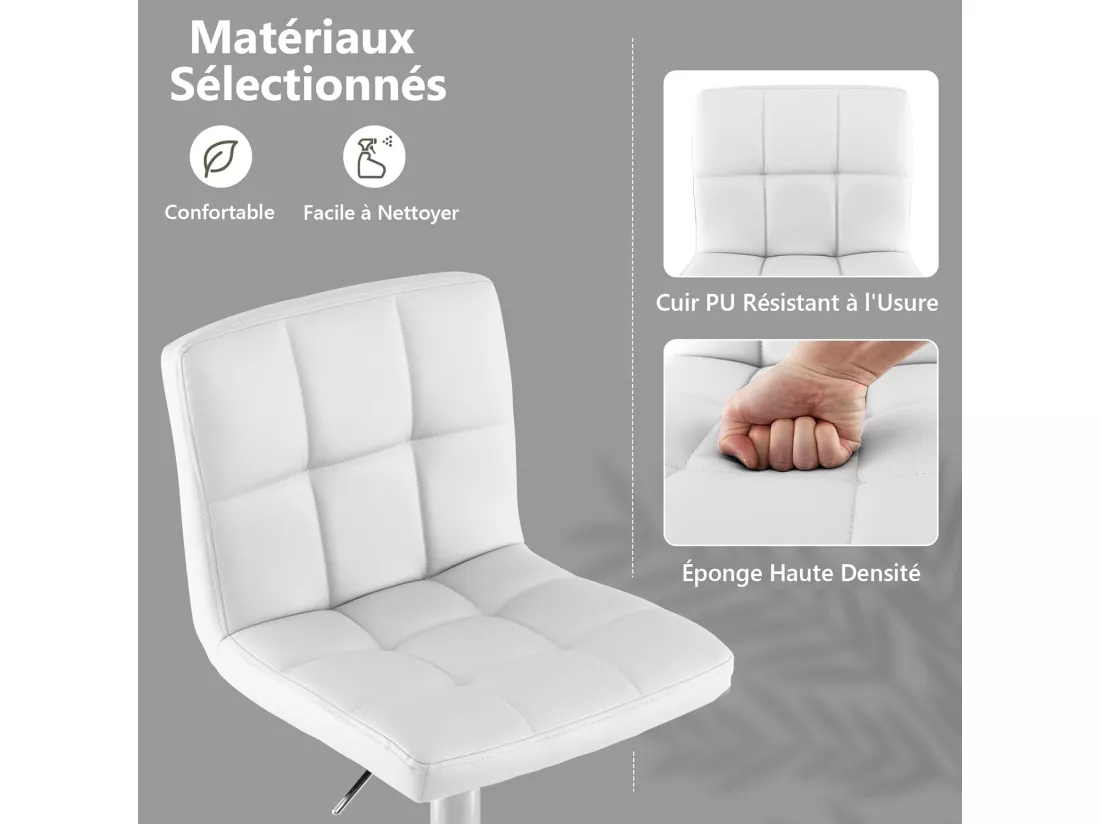 Tabouret de bar, pivotante, hauteur réglable 65-85 cm, repose-pieds,avec dossier (Blanc,1)