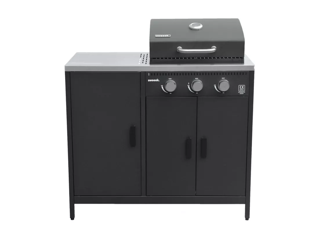 Barbecue gaz 3 brûleurs . noir. 3 portes et 2 espaces de rangement