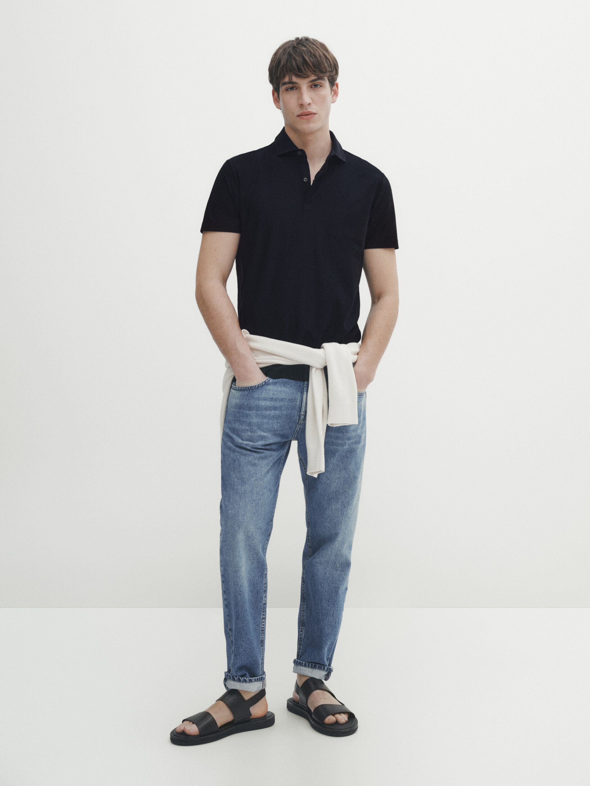 Camisa polo listrada em jacquard de algodão - AZUL MARINHO