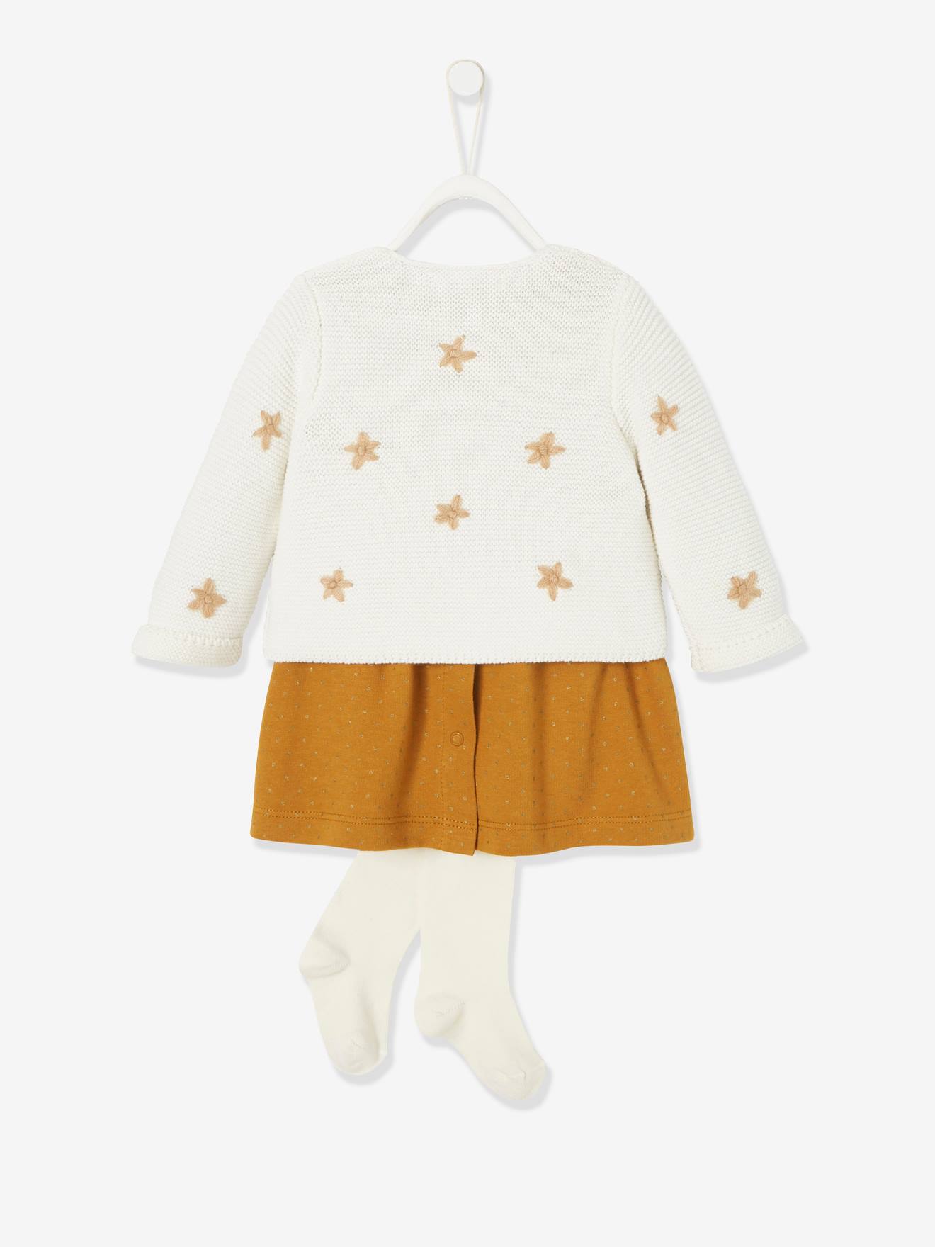 Conjunto de casaquinho bordado + vestido de pelúcia + meia-calça para bebê, estampa marrom média