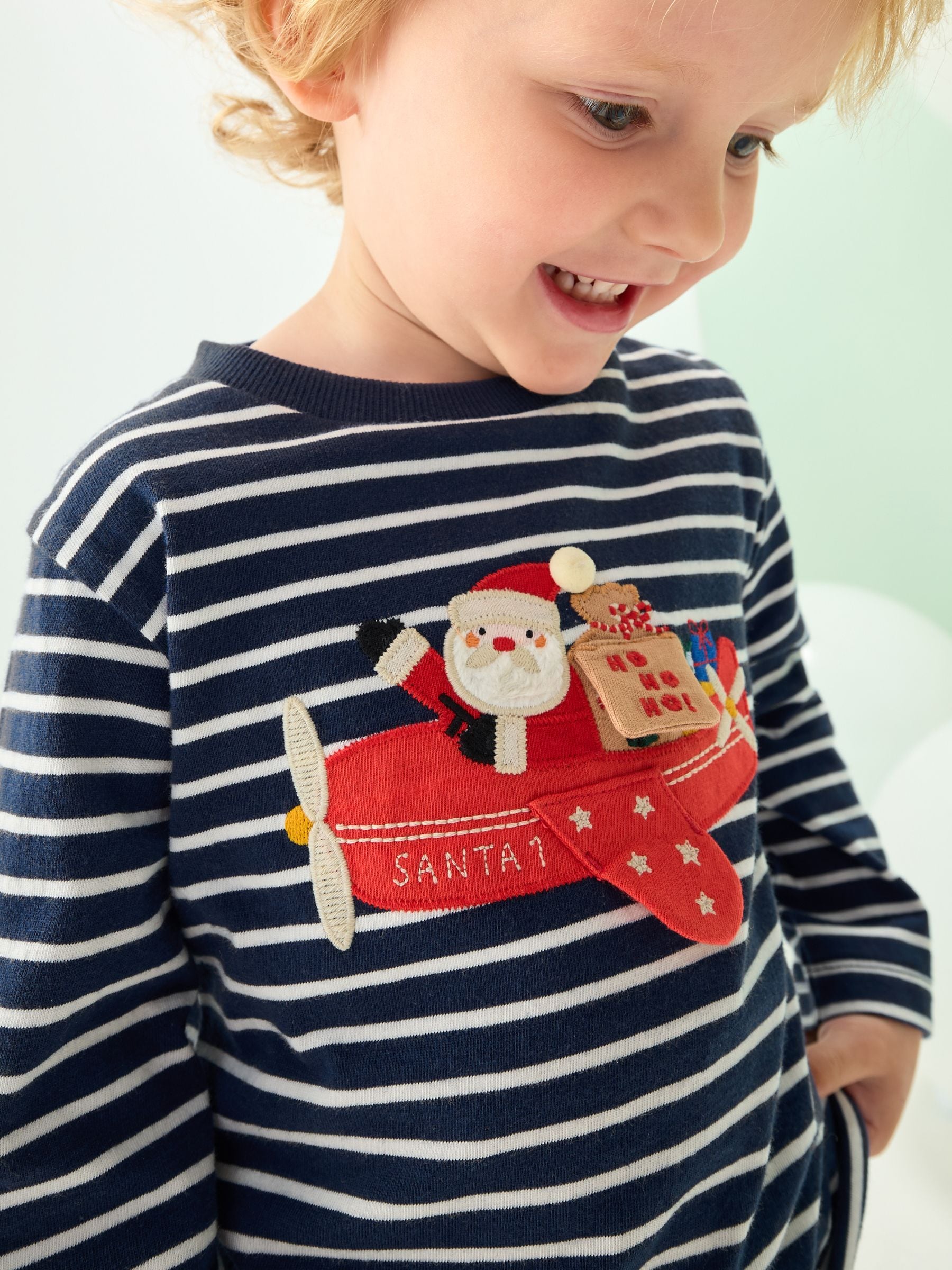 Marineblauw/wit applicatie - Kerst-T-shirt met lange mouwen (3mnd -8jr)