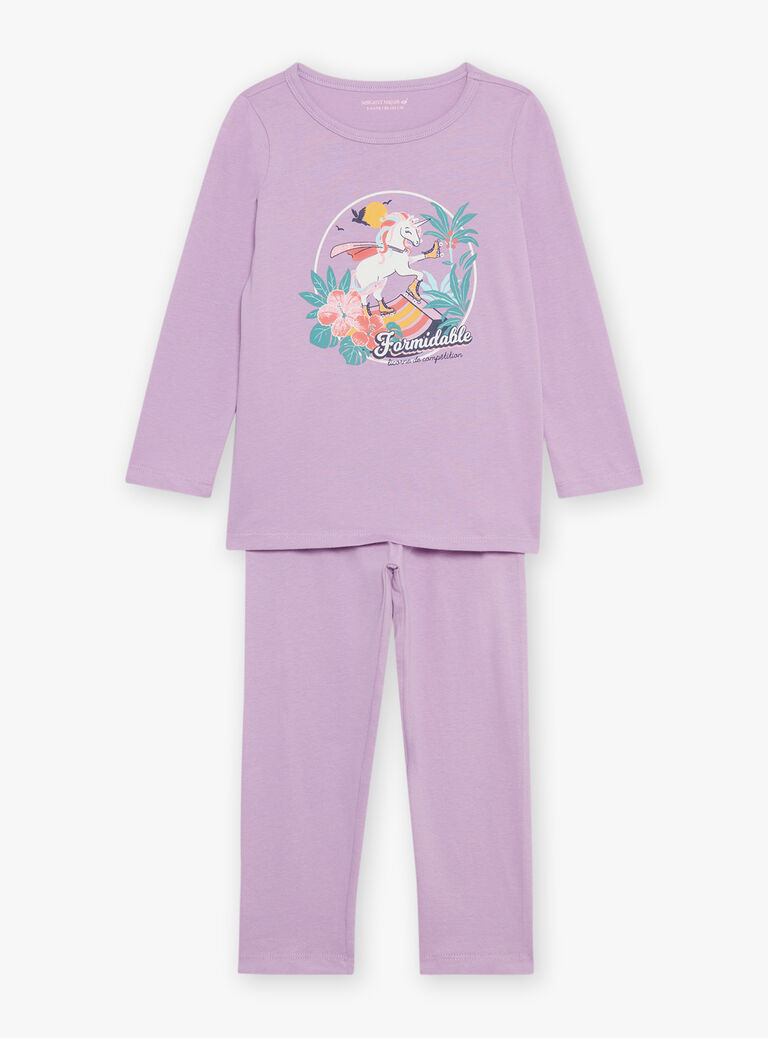 Pyjama deux pièces violet pâle en coton avec cape tête de licorne