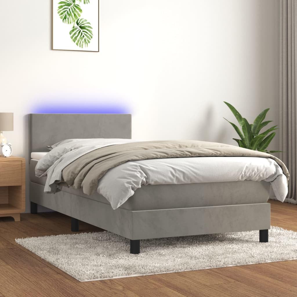 Cozynest Polsterbett Bett Einzelbett Bettrahmen Bettgestell Lattenrost Hotelbett Schlafzimmerbett Boxspringbett mit Matratze & LED Hellgrau 90x200 cm Samt