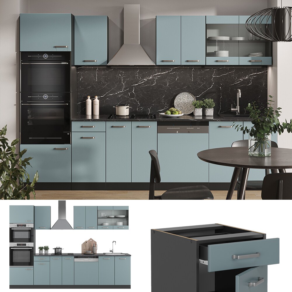 Vicco Küchenzeile R-Line Solid Anthrazit Blau Grau 300 cm modern Küchenschränke Küchenmöbel