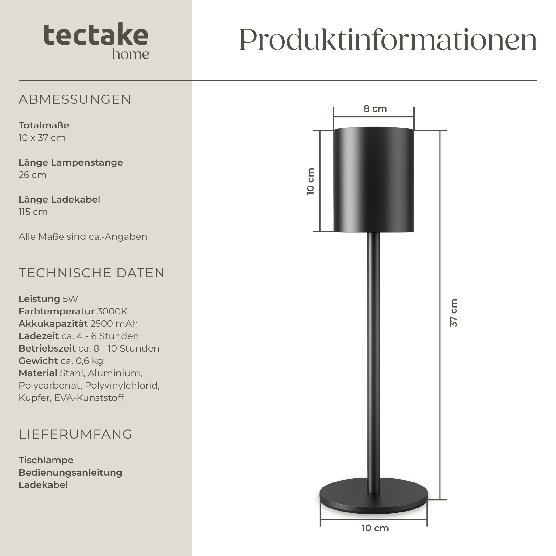 tectake® Akku-Tischlampe, Retro-Design, LED, 5 W, Touchpanel, inkl. Ladekabel, 10 x 37 cm
