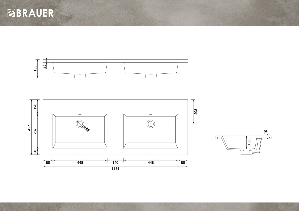 Brauer Solar Slim dubbele wastafel mineraalmarmer 120cm zonder kraangaten wit glans