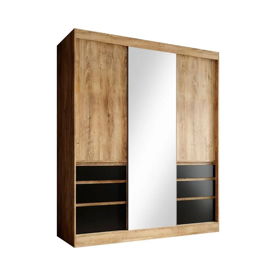 Meubella - Kledingkast Henry - Eiken - Zwart - 180 cm - Met spiegel