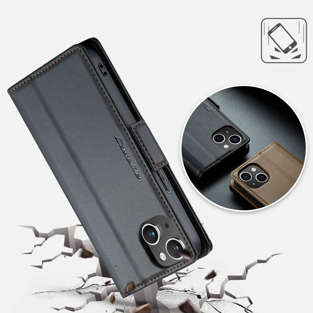 iPhone 14 Leder Tasche Flip Wallet Etui mit Kartenfächern Litchi Look (RFID Schutz) - Schwarz