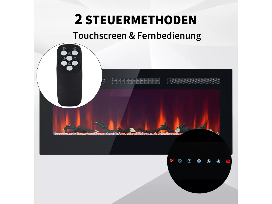 Cheminée électrique mural et encastrable 900/1800W - effet de flamme LED 3D réglable - Minuterie, thermostat, télécommande/écran tactile - Noir