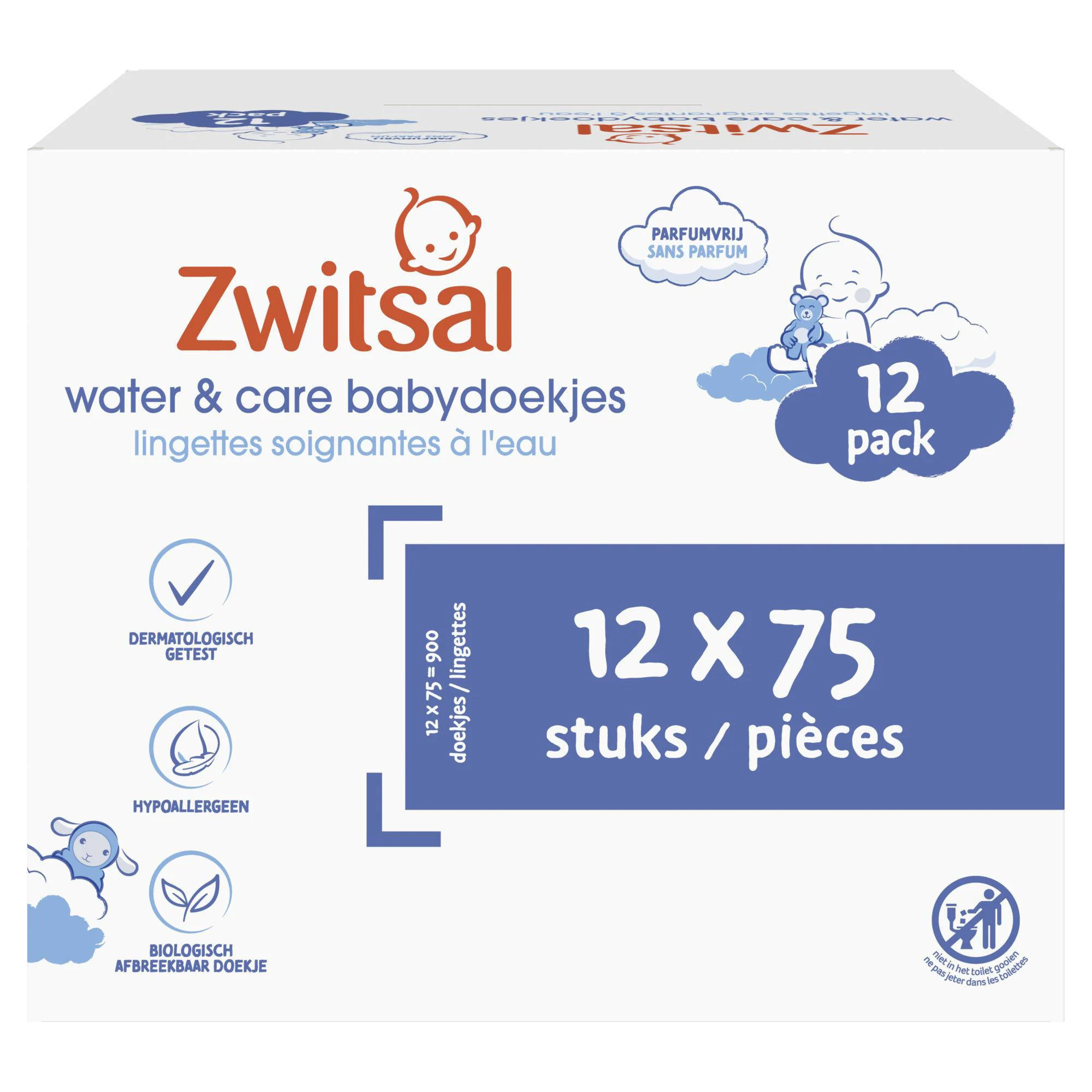 Zwitsal Water & Care billendoekjes - 12 x 75 stuks
