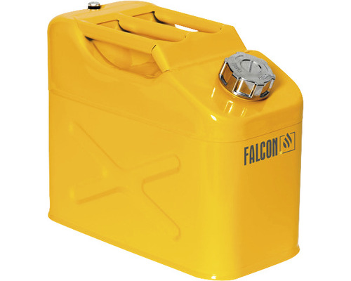 Falcon veiligheidsjerrycan met draagbeugel, schroefdop en transportgoedkeuring, 10 l, staal, geel gelakt, inclusief schenktuit.