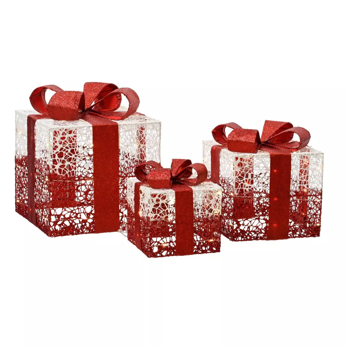Lot de 3 cadeaux lumineux à piles 90 LED (H30 cm) London Rouge et Blanc chaud
