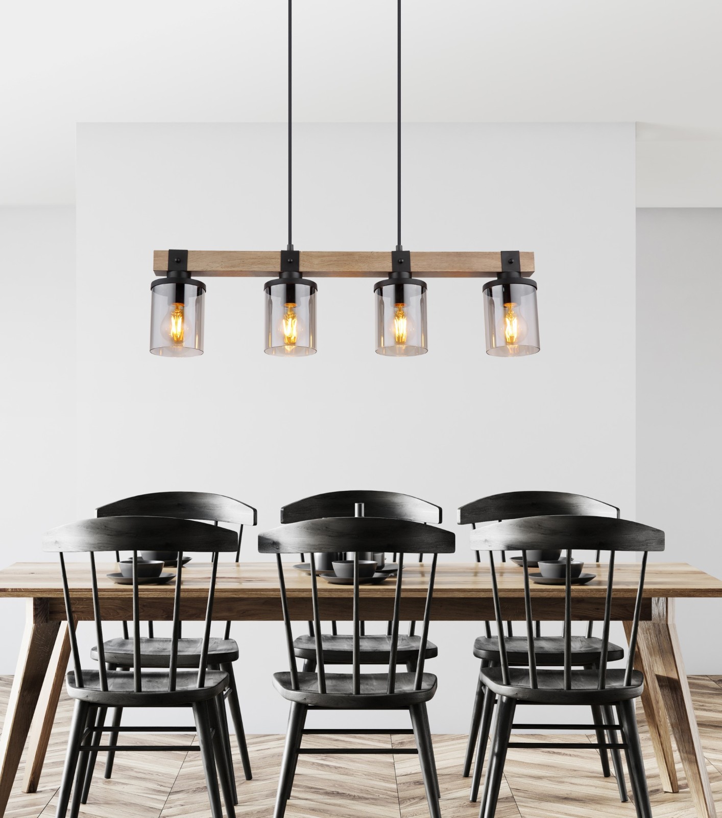 Pendelleuchte - schwarz matt - Holz - 133 cm hoch