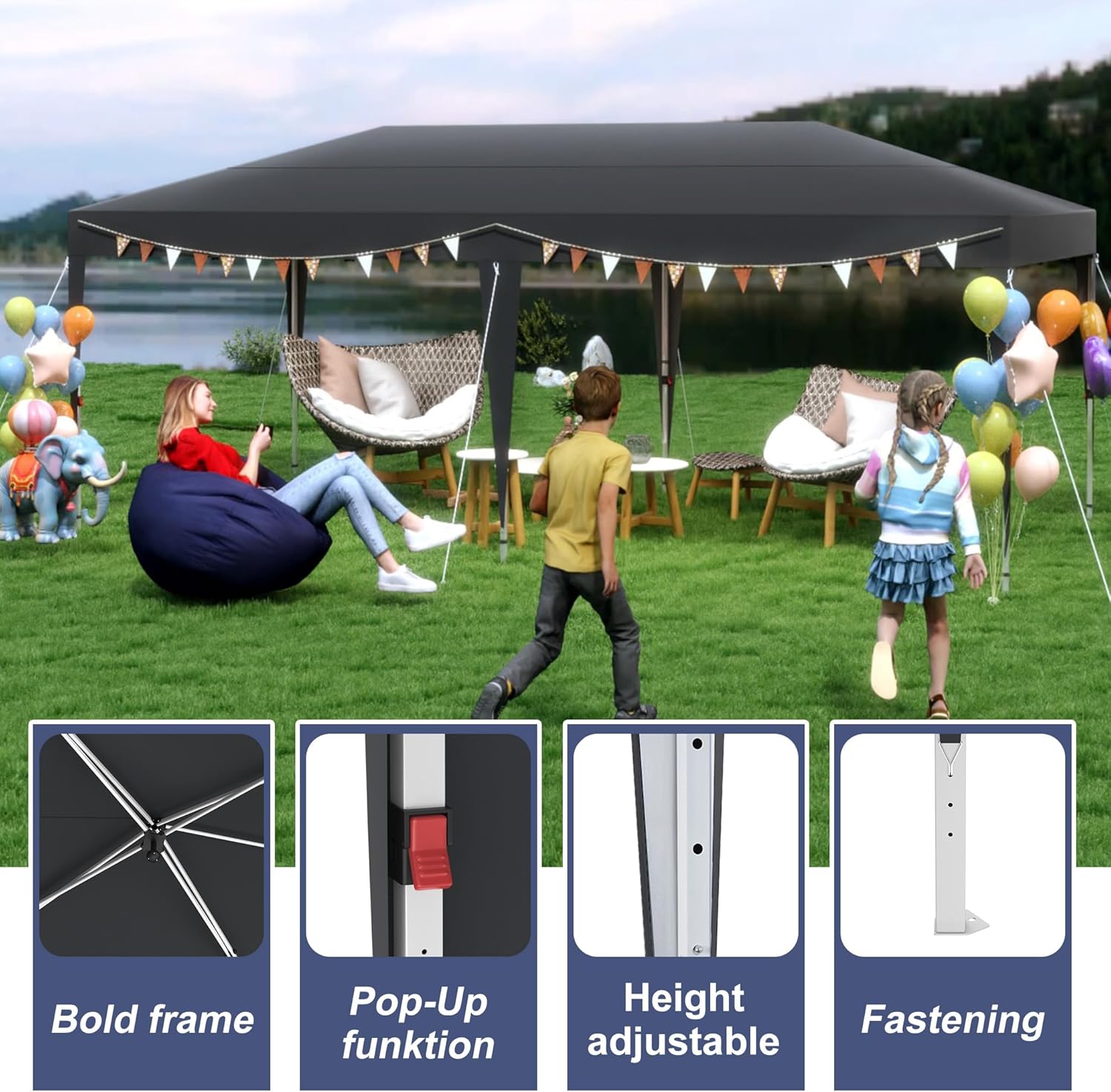 3x6m Faltpavillon Winterfest Pavillon Höhenverstellbar Wasserdicht Pop-Up Partyzelt mit Tasche Bierzelt Faltpavillon Gartenpavillon für Hochzeiten Freien - ohne Seitenwände - Anthrazit
