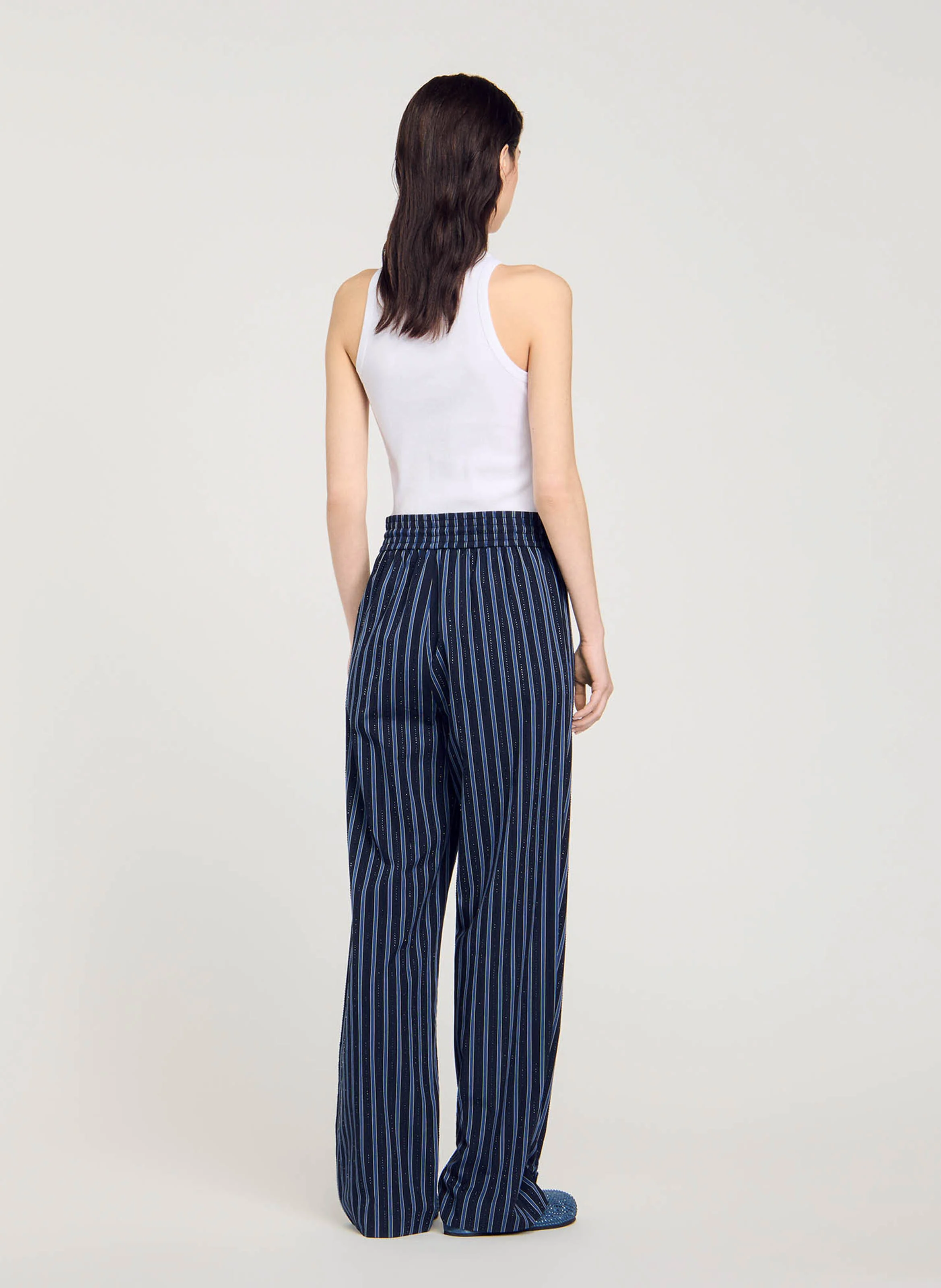 Pantalon large droit en coton rayé | Bleu