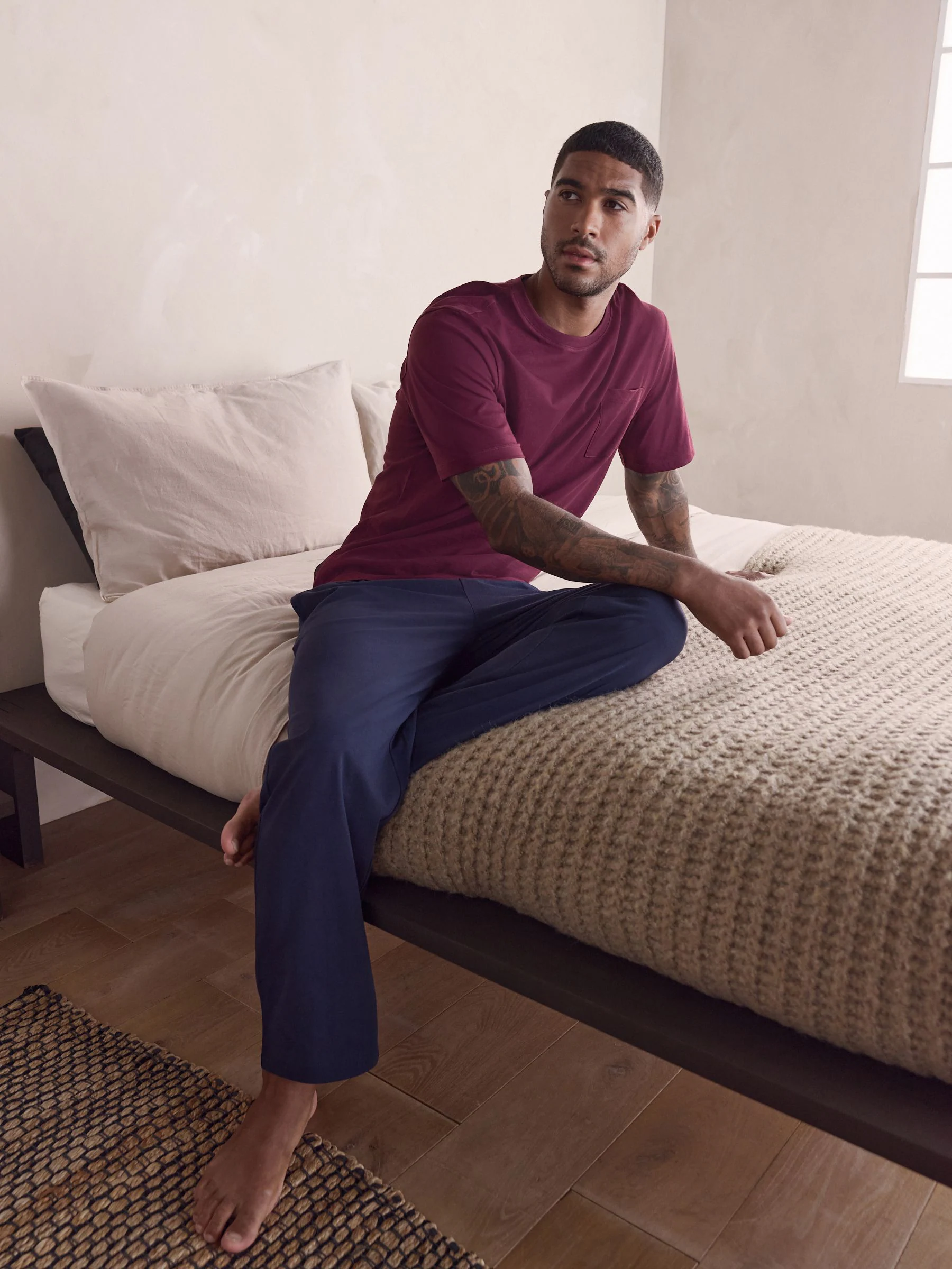 Bordeauxrood/marineblauw - Jersey pyjama met korte mouwen