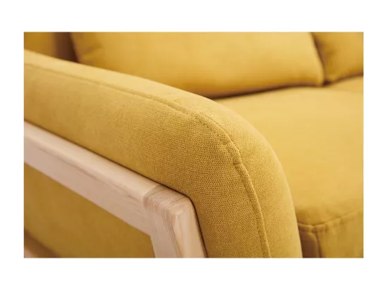 Canapé scandinave 3 places en tissu effet velours jaune moutarde et bois clair YOKO