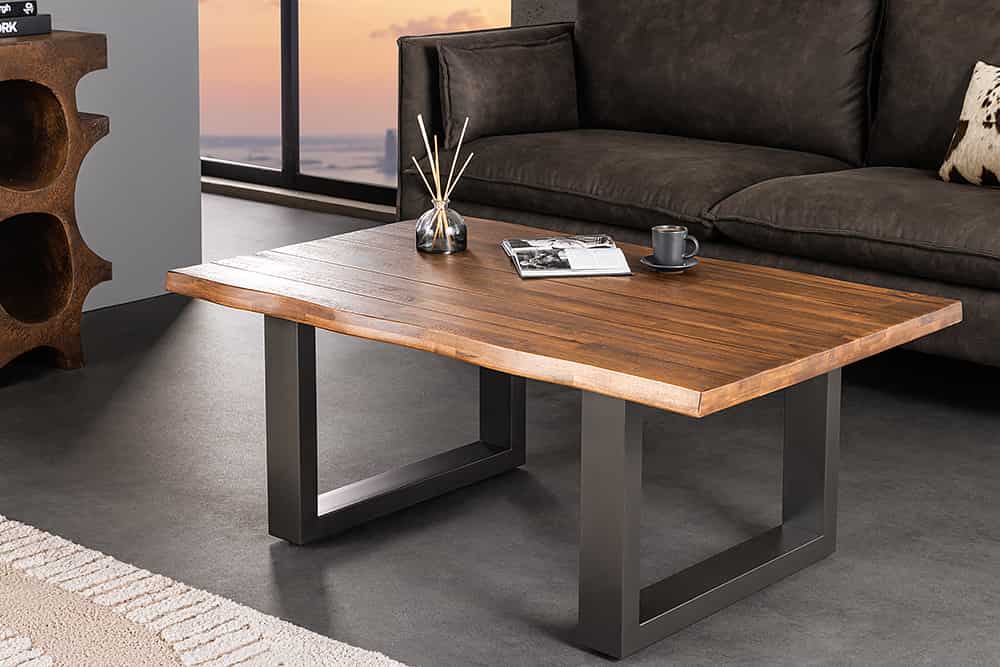 Massiver Couchtisch GENESIS 110cm braun anthrazit Akazie Baumkante Kufengestell