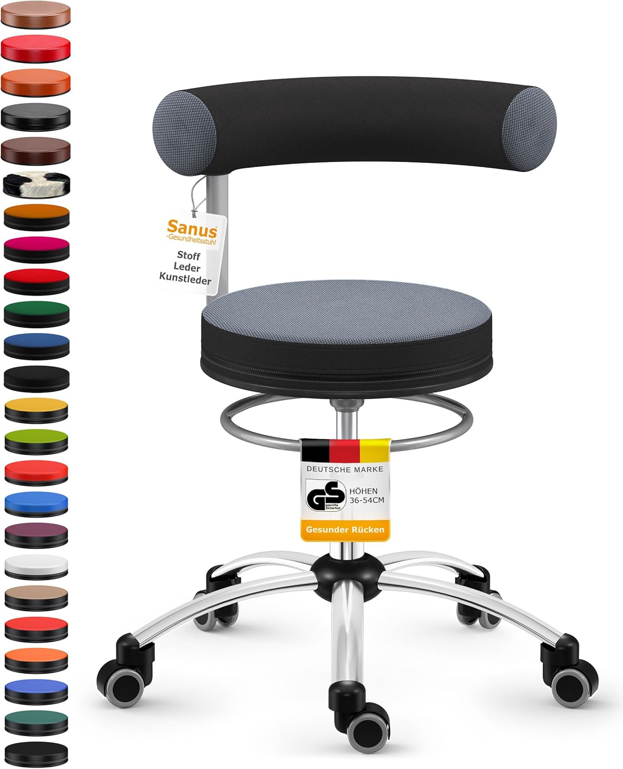 SANUS®-Gesundheitsstuhl | Rollhocker mit 360° Lehne, Fester Lehne, Sitzhöhe (42-51 cm), Stoffbezug grau/schwarz, Rollstopp-Rollen. Ergonomischer Bürostuhl, Erzieherstuhl