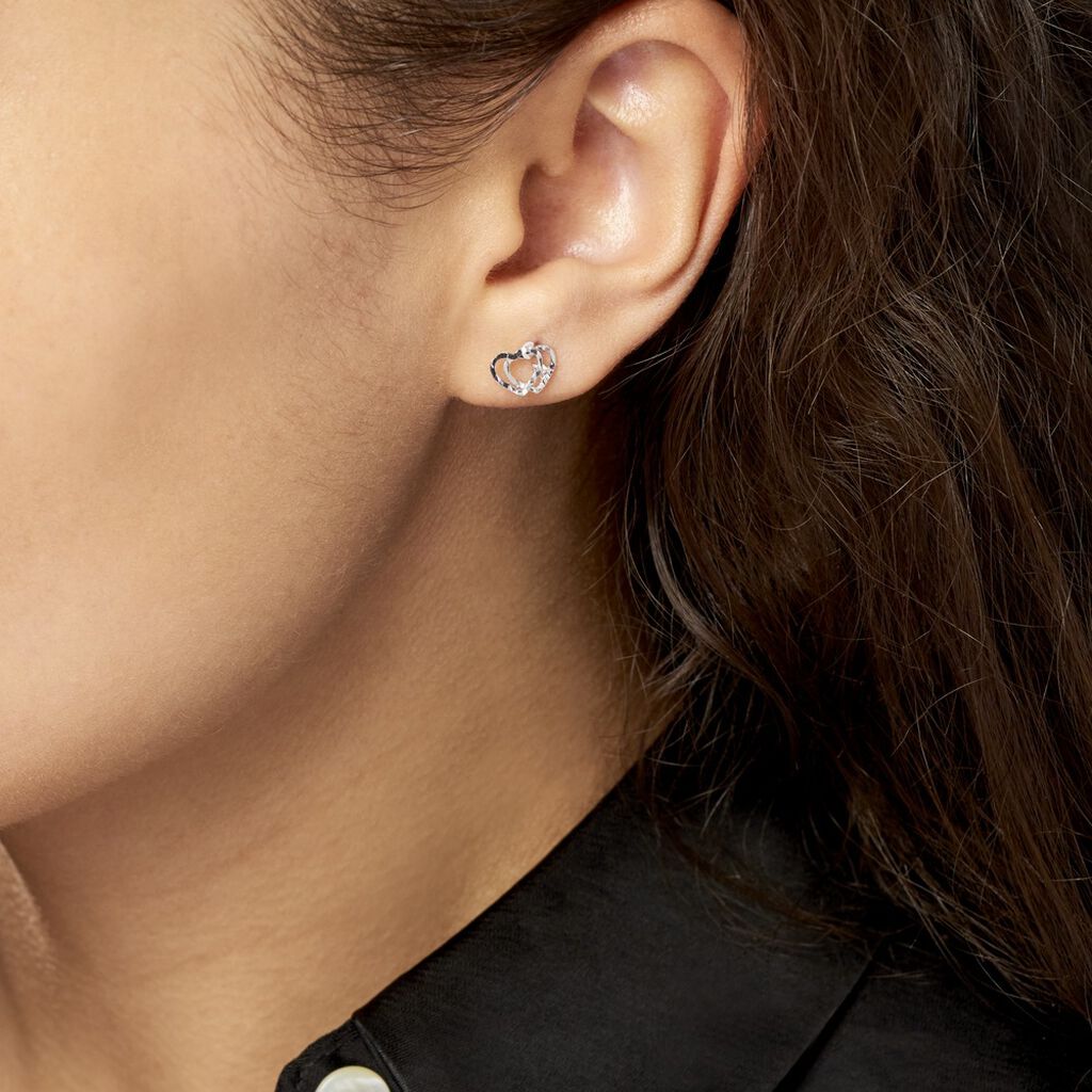 Boucles D'oreilles Puces Daria Double Coeurs Or Blanc Oxyde