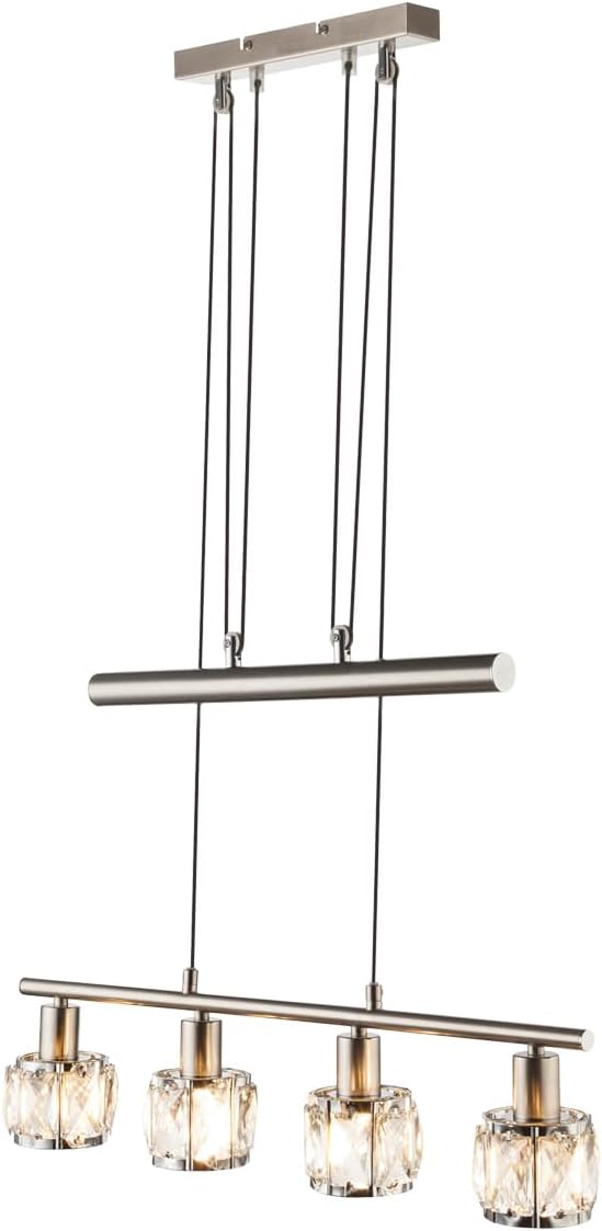 meineWunschleuchte Höhenverstellbare Balkenpendelleuchte mit vier Kristall Glasschirmen, Silber matt Breite 60cm