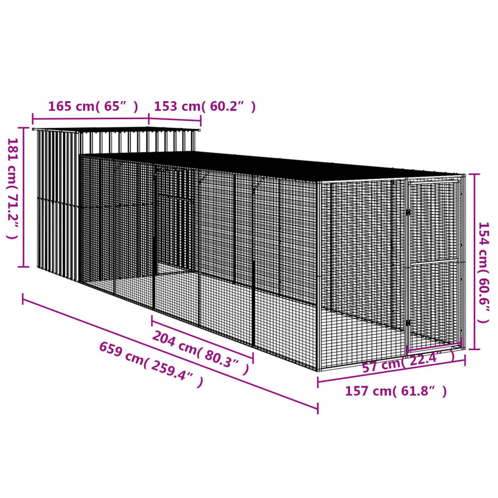 Poulailler avec cour anthracite 165x659x181 cm acier galvanisé