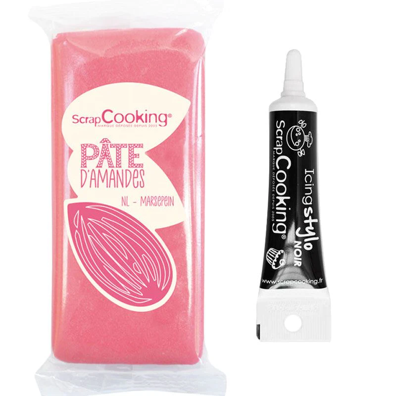 Pâte d'amande rose 200 g + Stylo de glaçage noir Scrapcooking