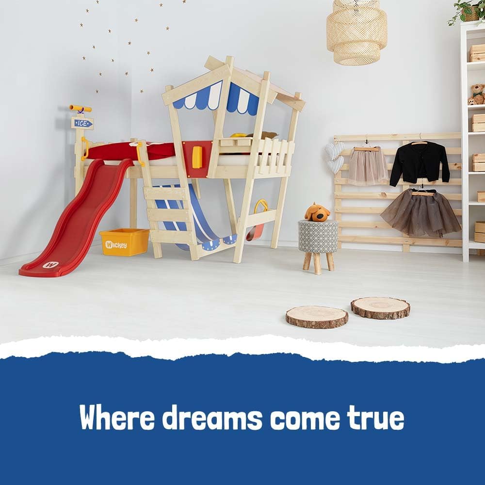 WICKEY Kinderbett, Hochbett Crazy Hutty mit aus Massivholz Blauer Rutsche & weiterem Spielzubehör 90 x 200 cm – Plane rot/blau - individuell Gestaltbar