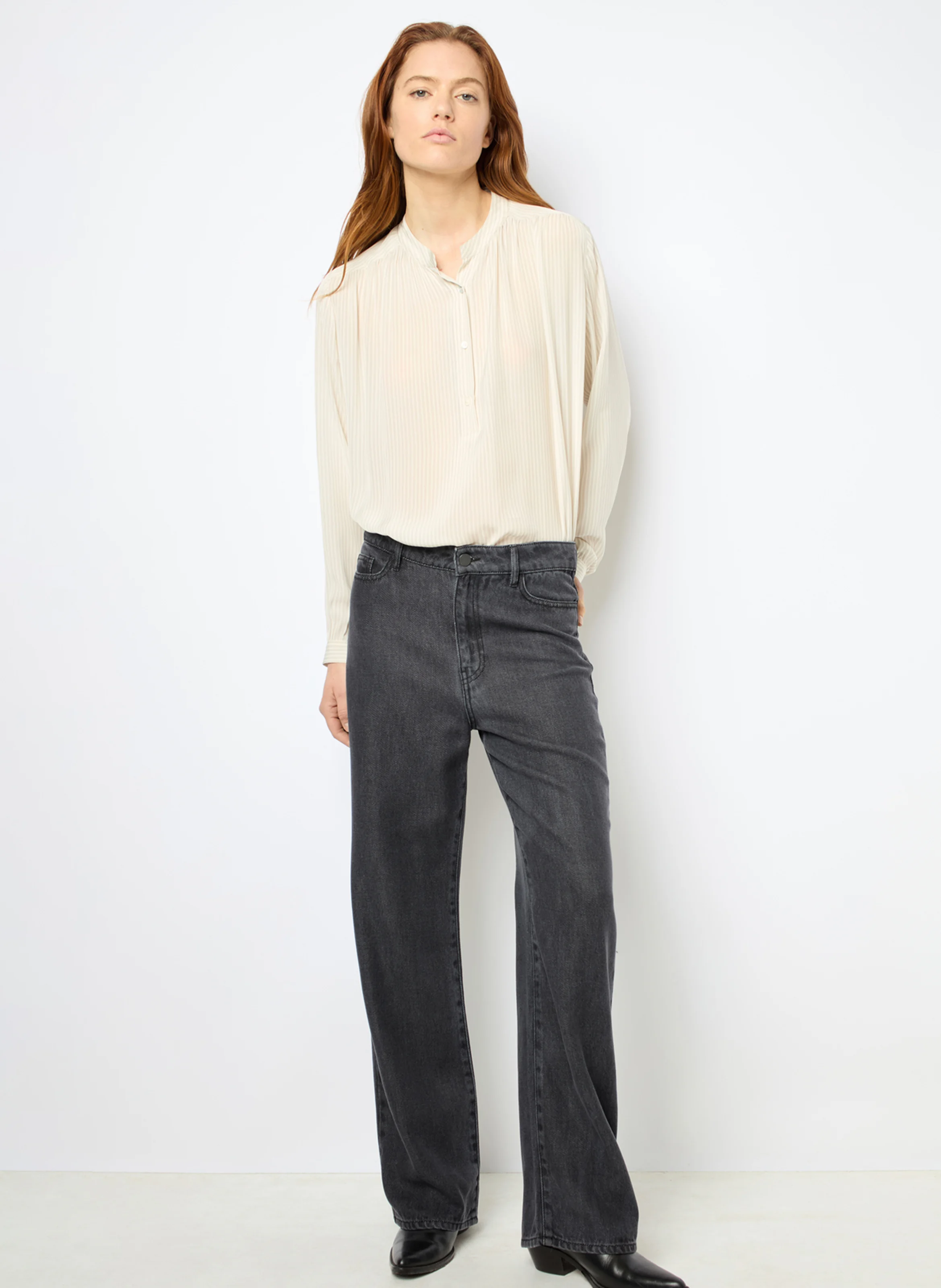 AMBRE - Blouse col tunisien à rayures | Blanc