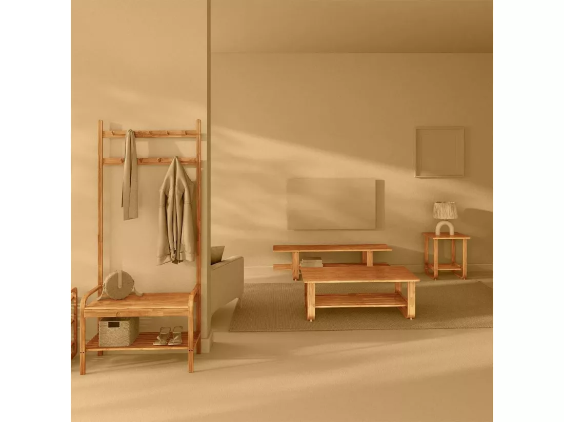Porte-manteau, étagère à chaussures en bambou avec banc 170x73,5x34,5 cm O91