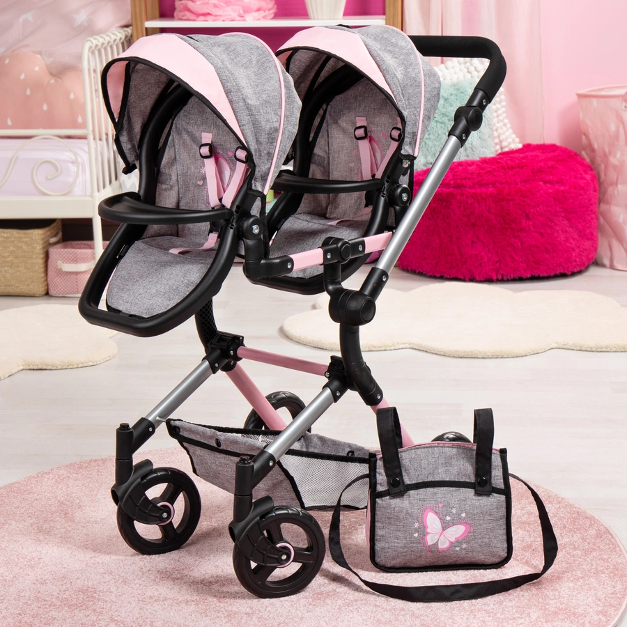 bayer Design Zwillings-Puppenwagen Twin Neo graurosa, mit Schmetterling