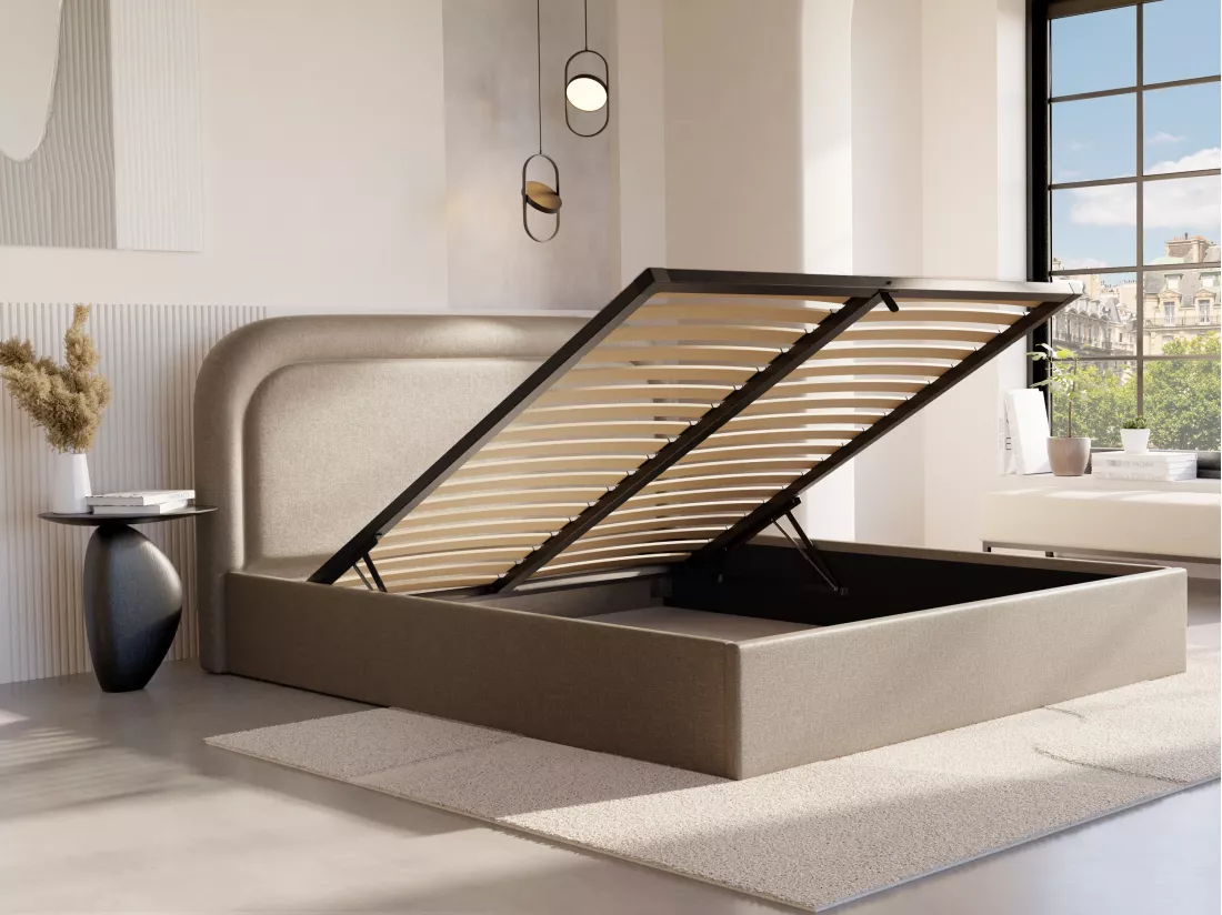 Lit coffre 140 x 190 cm - Tissu chiné - Beige - FIREZA