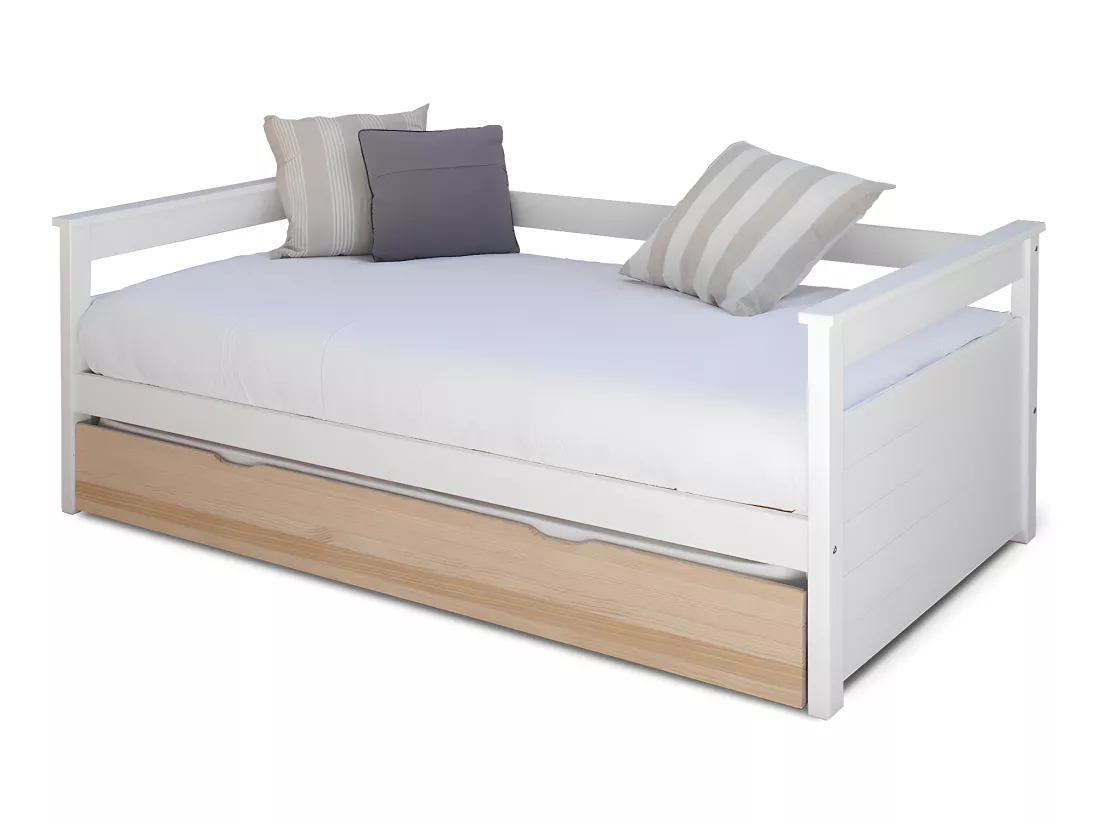 Lit banquette gigogne 90x200 cm bois massif blanc et bois IZAO