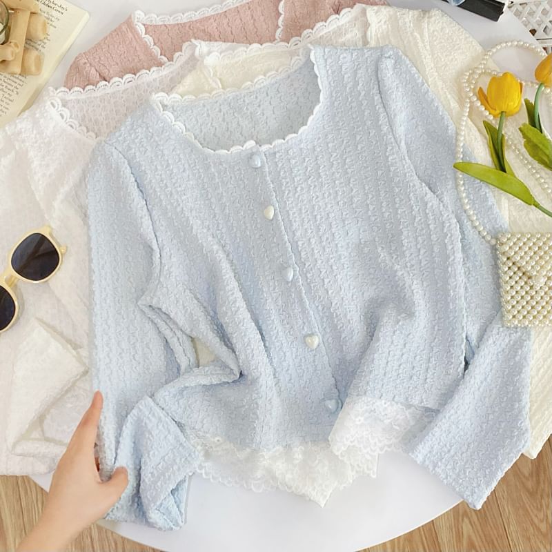 Iasia - Blouse met lange mouwen, effen kant en hartvormige knoopjes
