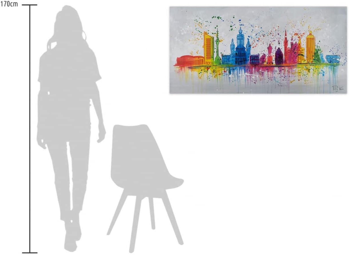 KunstLoft Leinwandbild | 100% HANDGEMALT | 120x60cm | Gemälde 'Leipzig Silhouette' | Skyline | Bunt Grau | Wandbild Wohnzimmer